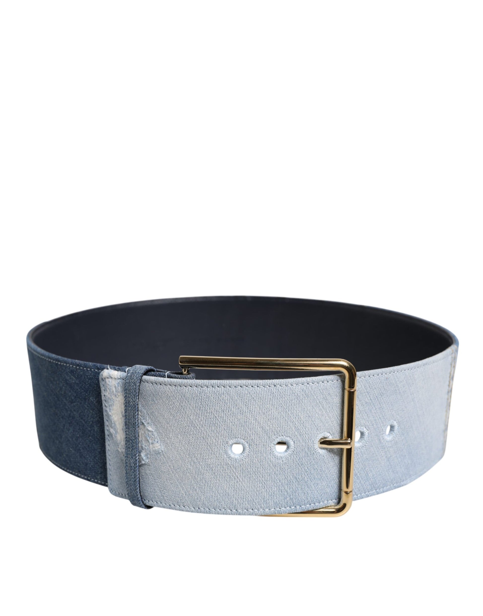 Dolce & Gabbana Two Tone Blue Denim Gold Metal Buckle Belt Curated Luxury Accessories by Orvyn
