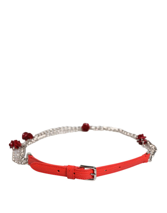 Dolce & Gabbana Red Leather Silver Chain Floral Cintura Belt Curated Luxury Accessories by Orvyn