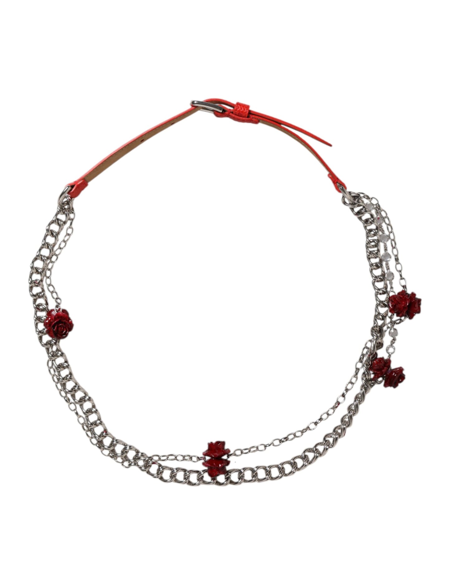 Dolce & Gabbana Red Leather Silver Chain Floral Cintura Belt Curated Luxury Accessories by Orvyn