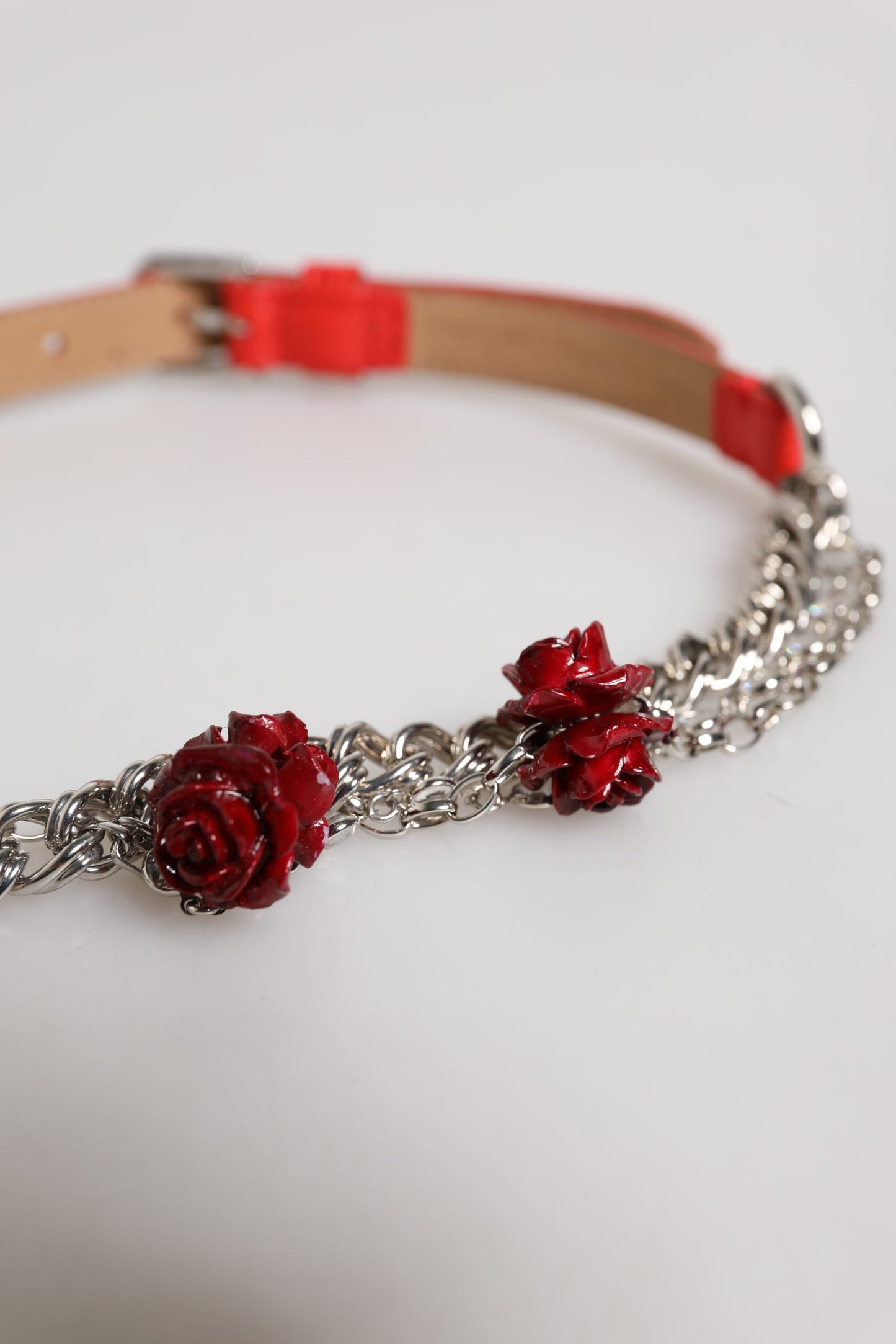 Dolce & Gabbana Red Leather Silver Chain Floral Cintura Belt Curated Luxury Accessories by Orvyn