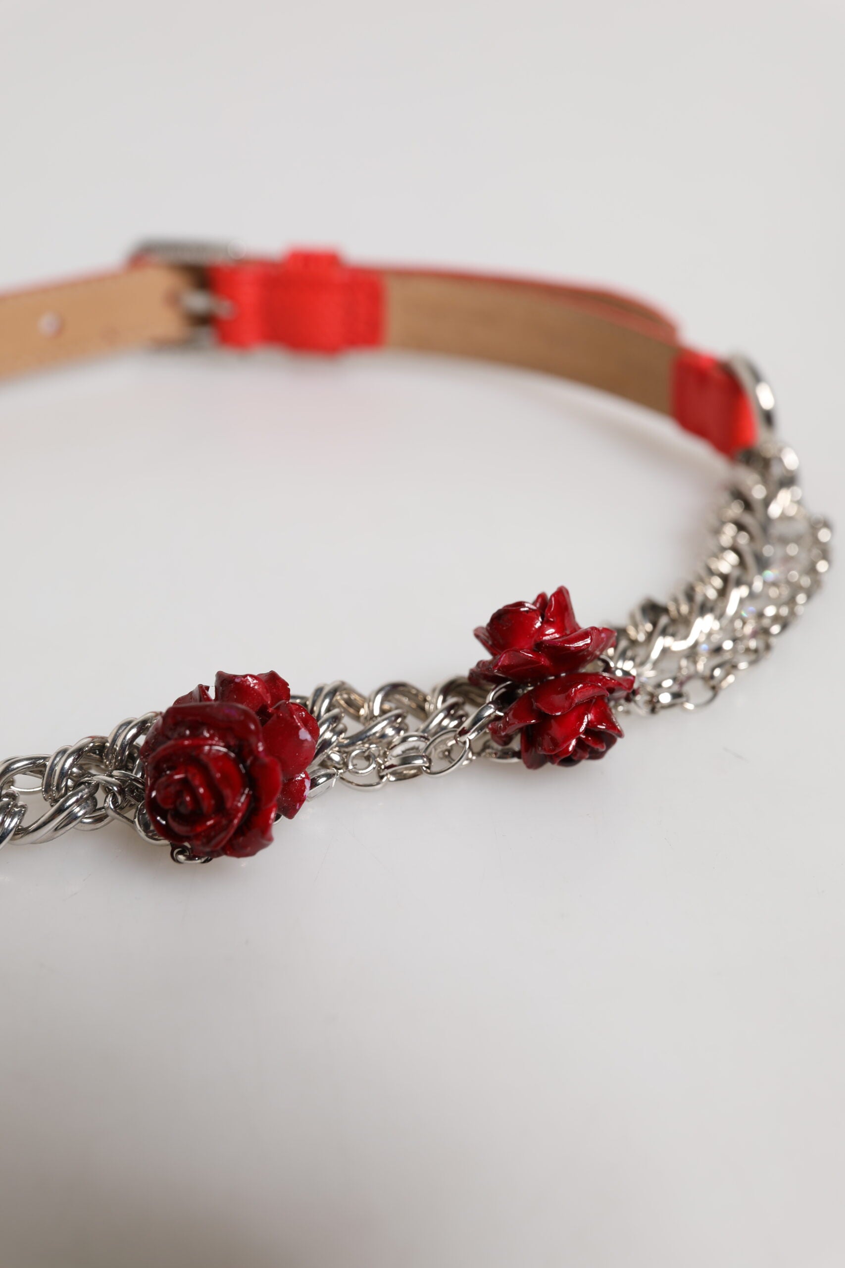 Dolce & Gabbana Red Leather Silver Chain Floral Cintura Belt Curated Luxury Accessories by Orvyn