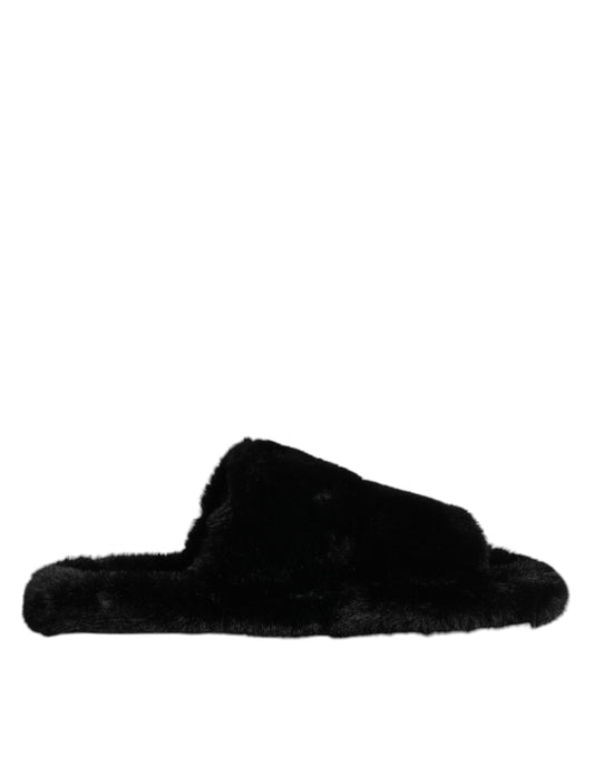 Dolce & Gabbana Black Polyester Velvet Slides Slipper Shoes Curated Luxury Accessories by Orvyn