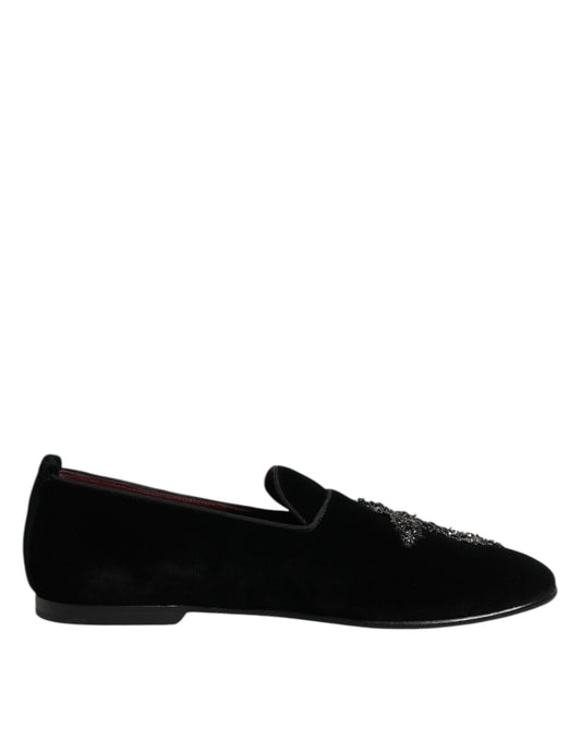 Dolce & Gabbana Black Velvet Embellished Loafer Slip On Shoes Curated Luxury Accessories by Orvyn