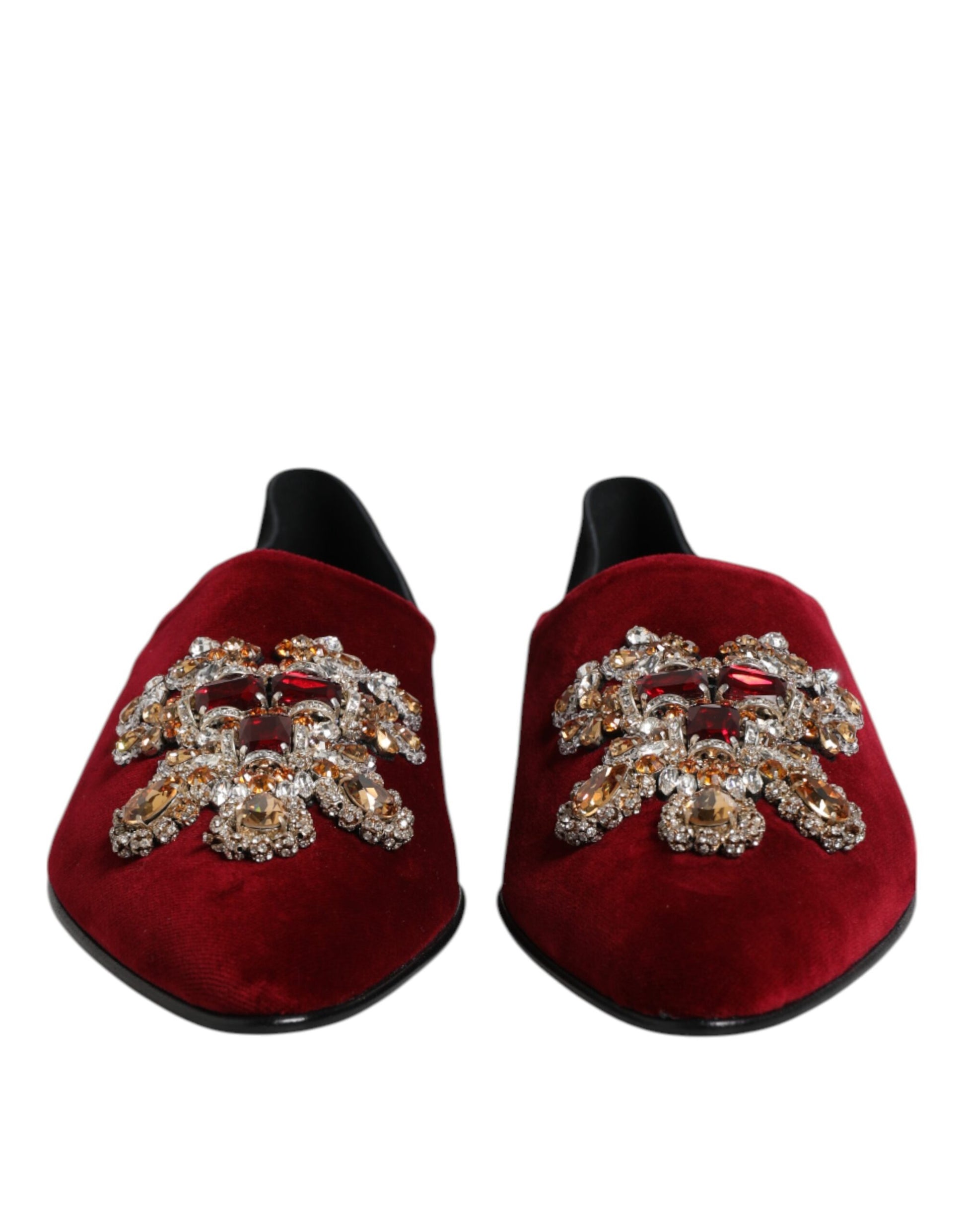 Dolce & Gabbana Black Red Velvet Embellished Slip On Shoes Curated Luxury Accessories by Orvyn