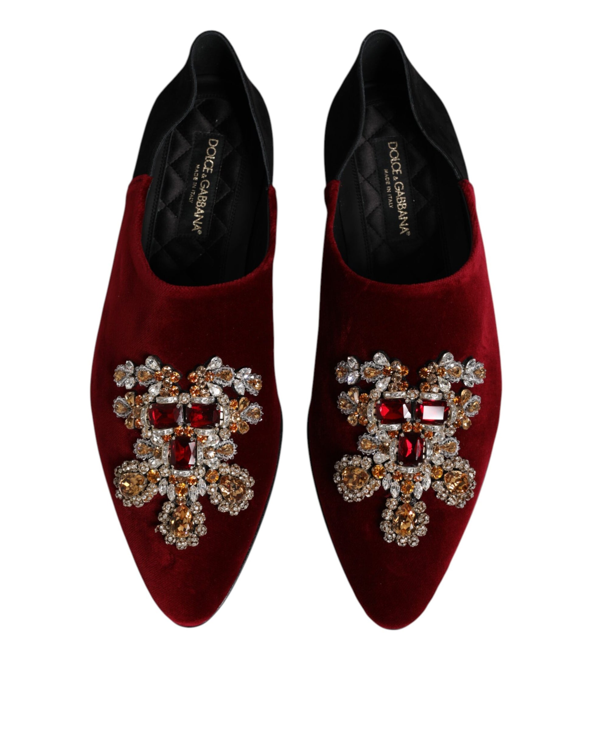 Dolce & Gabbana Black Red Velvet Embellished Slip On Shoes Curated Luxury Accessories by Orvyn