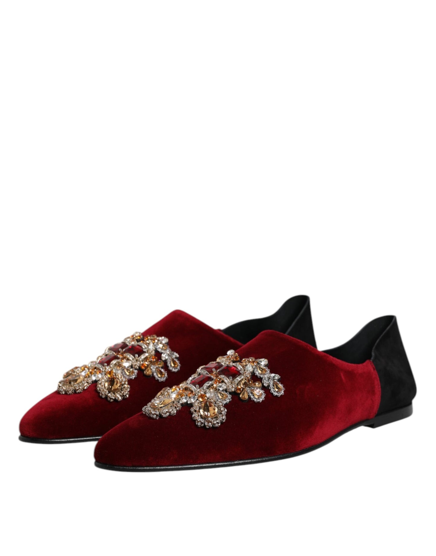 Dolce & Gabbana Black Red Velvet Embellished Slip On Shoes Curated Luxury Accessories by Orvyn