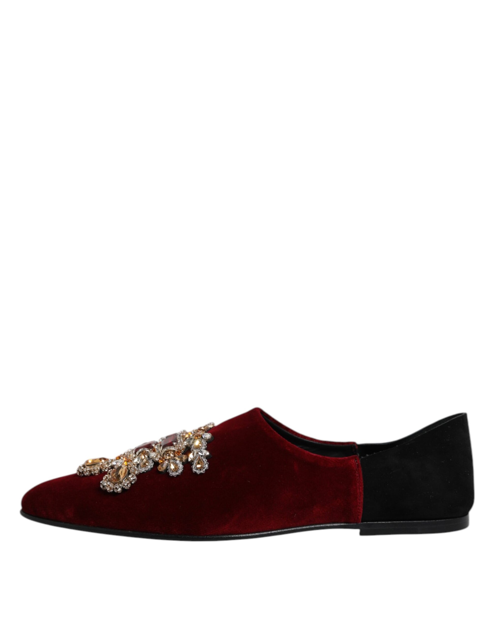 Dolce & Gabbana Black Red Velvet Embellished Slip On Shoes Curated Luxury Accessories by Orvyn