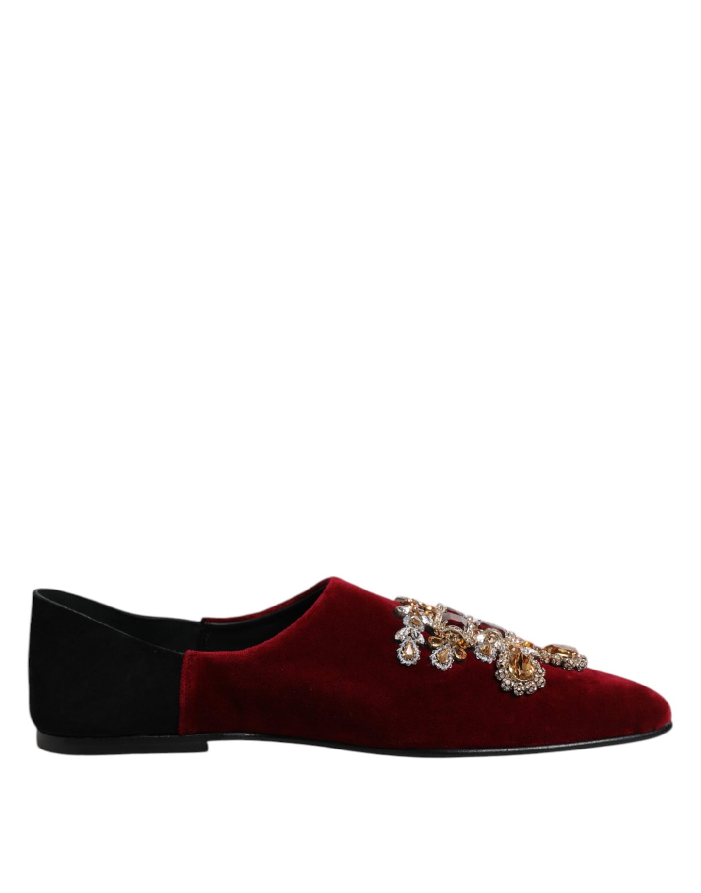 Dolce & Gabbana Black Red Velvet Embellished Slip On Shoes Curated Luxury Accessories by Orvyn