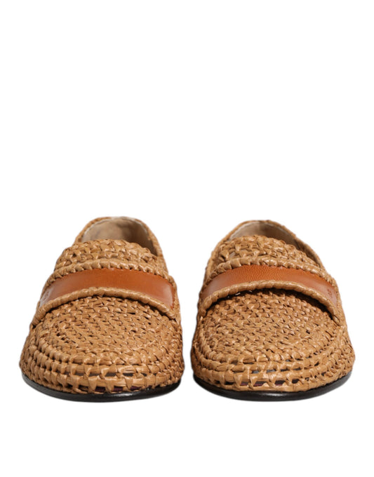 Dolce & Gabbana Brown Woven Raffia Slip On Loafers Shoes Curated Luxury Accessories by Orvyn