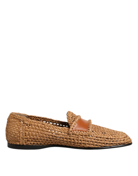 Dolce & Gabbana Brown Woven Raffia Slip On Loafers Shoes Curated Luxury Accessories by Orvyn