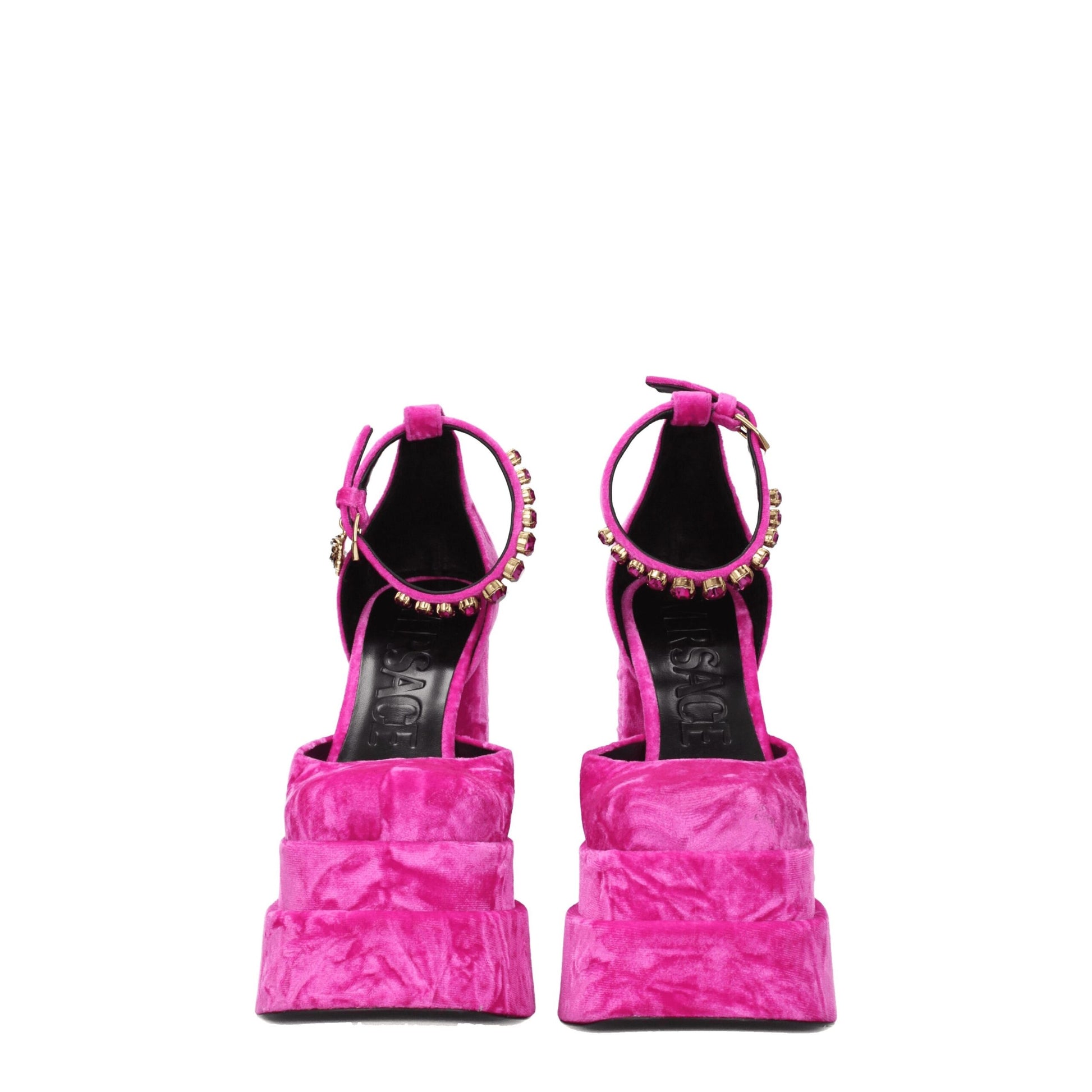 Versace Pink Velvet Platform Sandals Curated Luxury Accessories by Orvyn