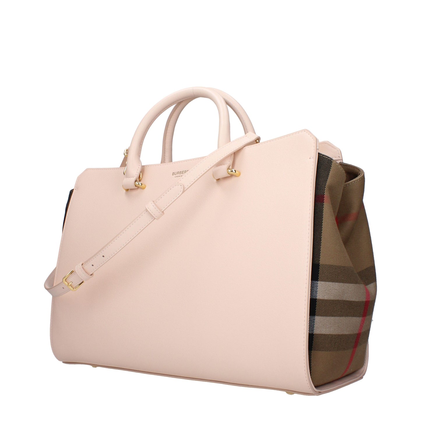 Burberry Banner Pink Check-Panel Leather Tote Bag
