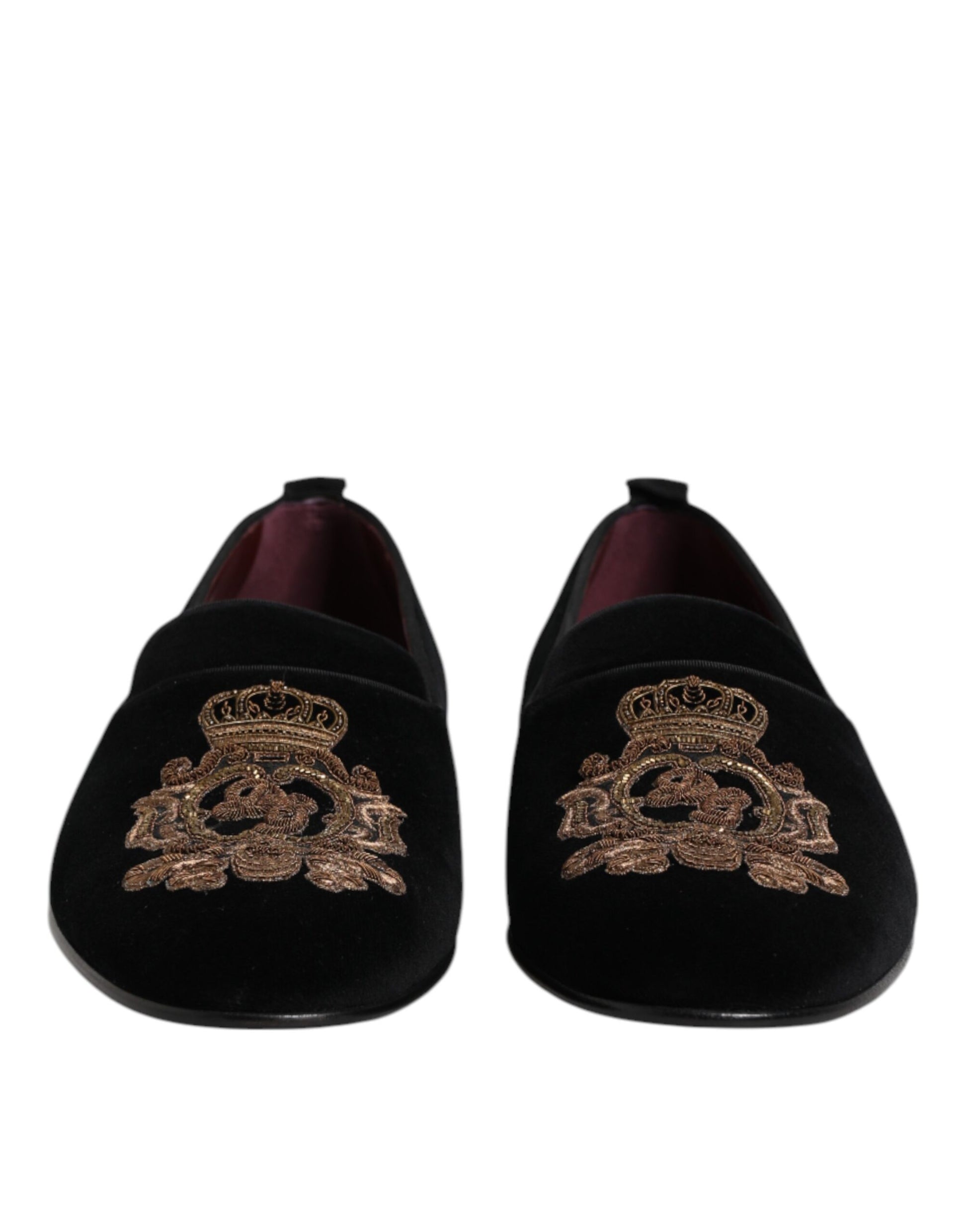Dolce & Gabbana Black Velvet Gold Crown Mens Loafers Shoes Curated Luxury Accessories by Orvyn