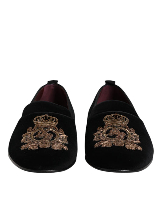 Dolce & Gabbana Black Velvet Gold Crown Mens Loafers Shoes Curated Luxury Accessories by Orvyn