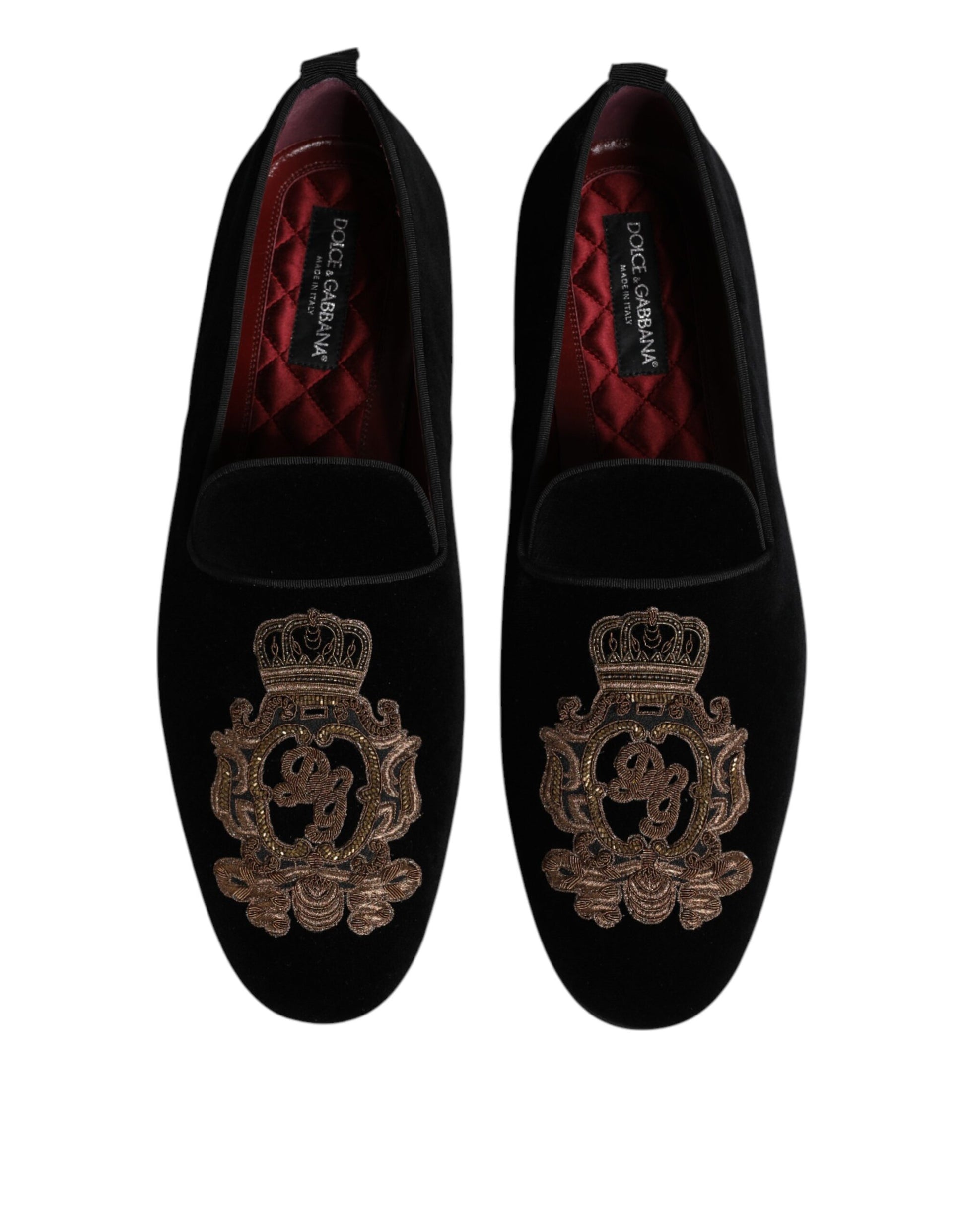 Dolce & Gabbana Black Velvet Gold Crown Mens Loafers Shoes Curated Luxury Accessories by Orvyn