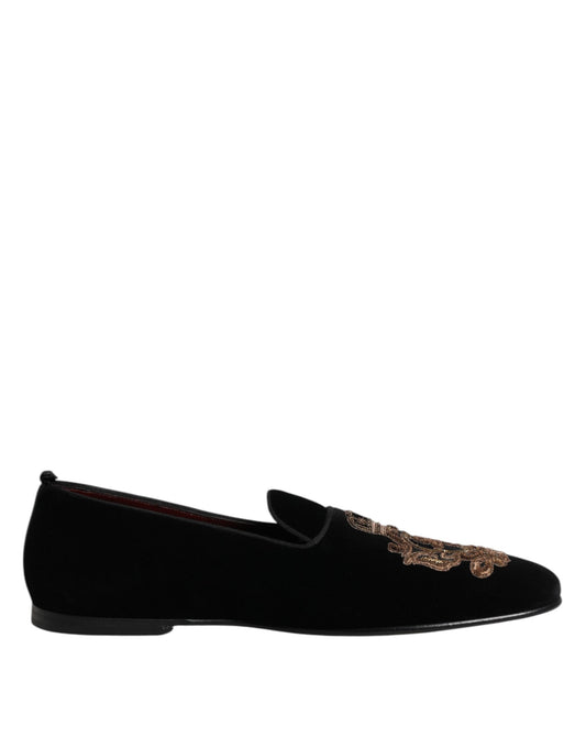 Dolce & Gabbana Black Velvet Gold Crown Mens Loafers Shoes Curated Luxury Accessories by Orvyn