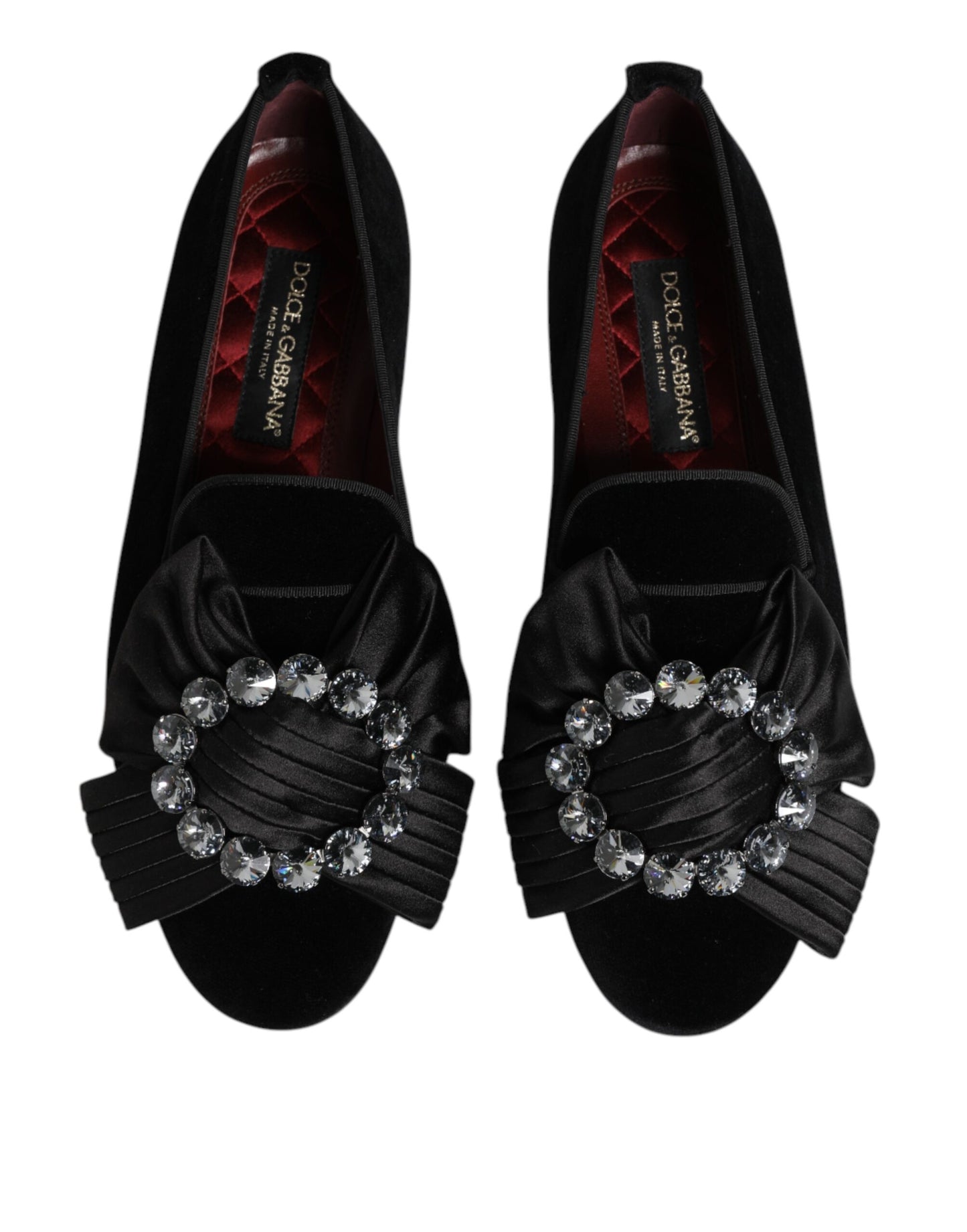 Dolce & Gabbana Black VATICANO Crystal Ribbon Slip On Shoes Curated Luxury Accessories by Orvyn