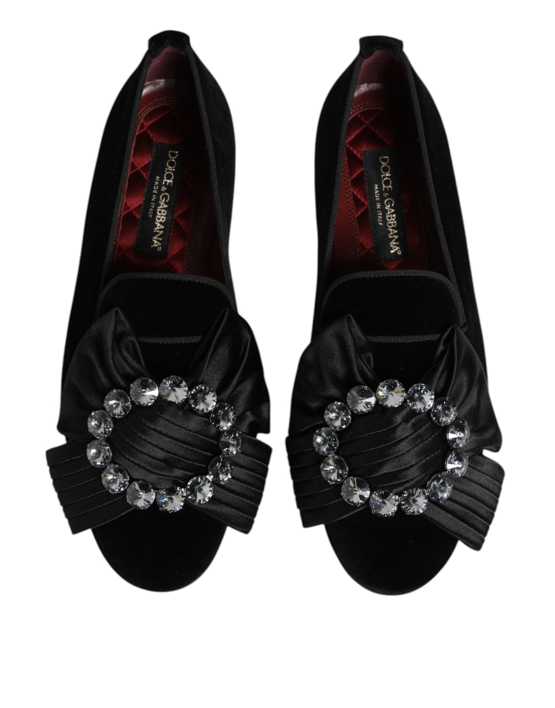 Dolce & Gabbana Black VATICANO Crystal Ribbon Slip On Shoes Curated Luxury Accessories by Orvyn