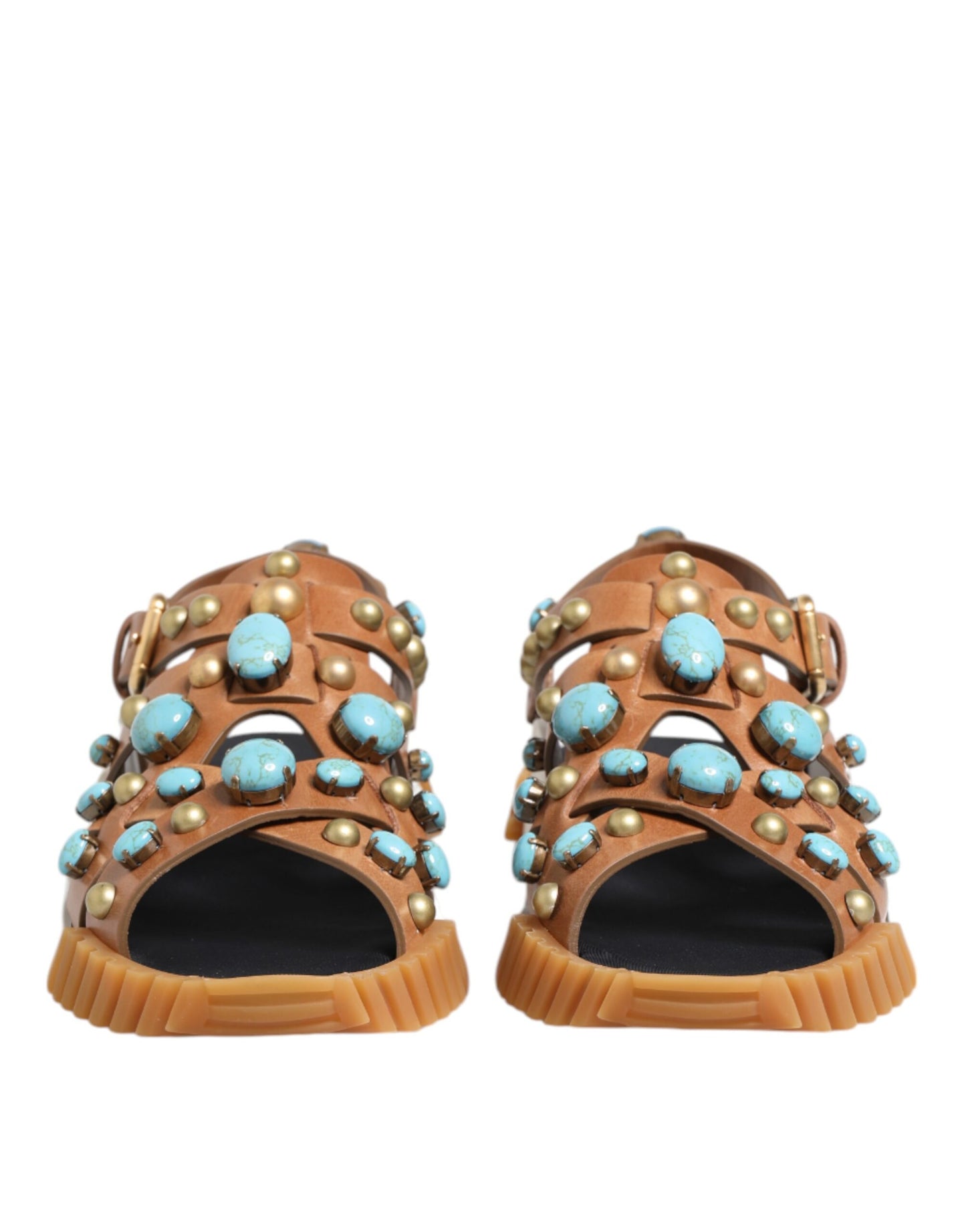 Dolce & Gabbana Brown Leather Studded Slides Sandals Shoes Curated Luxury Accessories by Orvyn