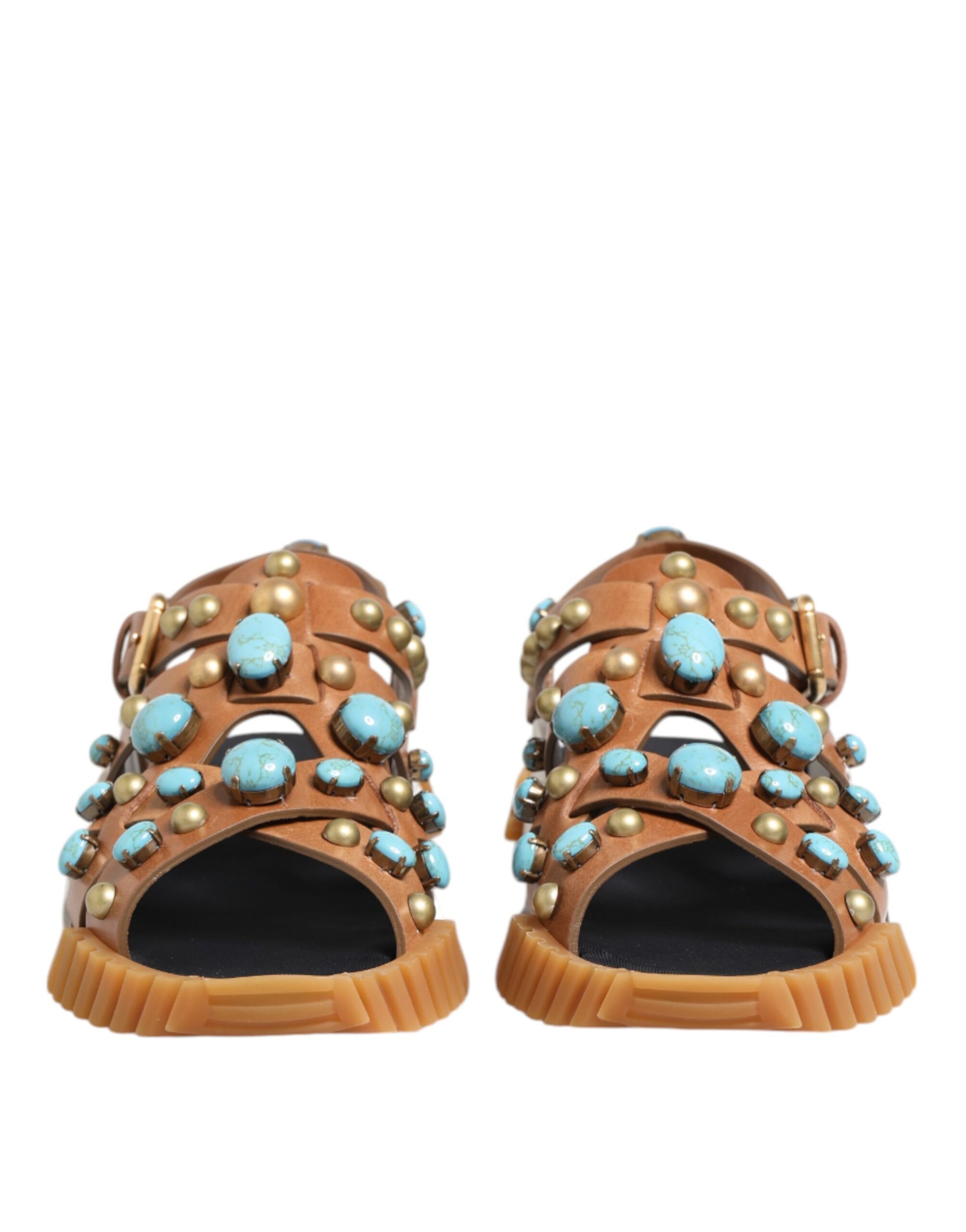 Dolce & Gabbana Brown Leather Studded Slides Sandals Shoes Curated Luxury Accessories by Orvyn