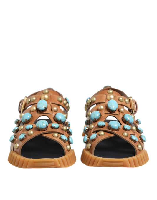 Dolce & Gabbana Brown Leather Studded Slides Sandals Shoes Curated Luxury Accessories by Orvyn