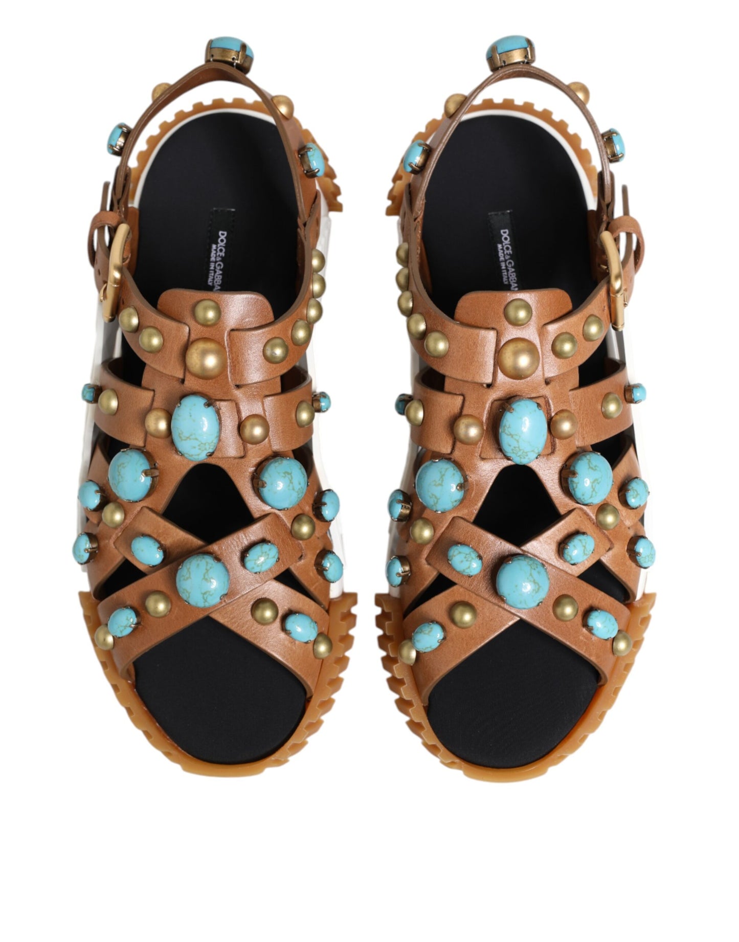 Dolce & Gabbana Brown Leather Studded Slides Sandals Shoes Curated Luxury Accessories by Orvyn