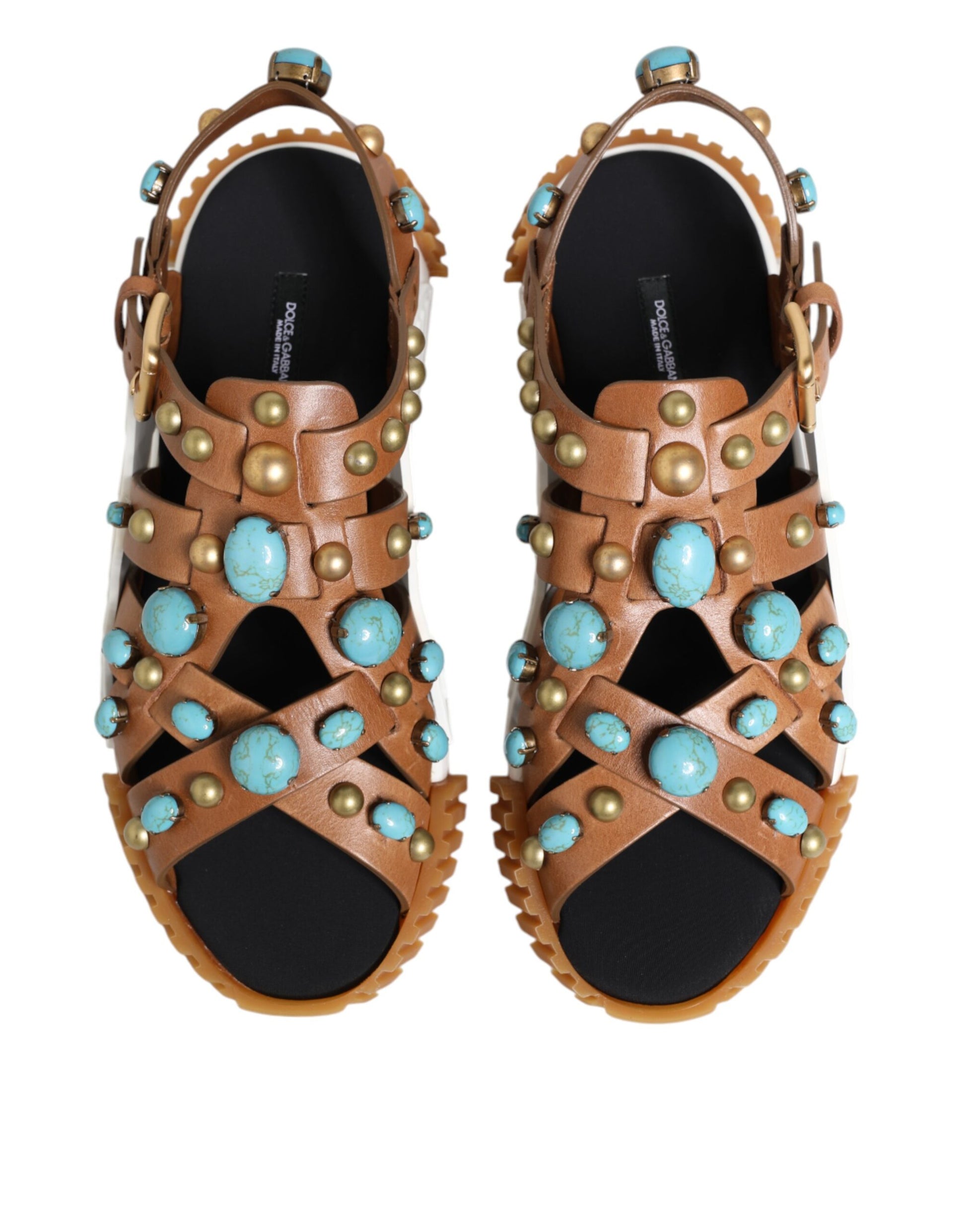 Dolce & Gabbana Brown Leather Studded Slides Sandals Shoes Curated Luxury Accessories by Orvyn