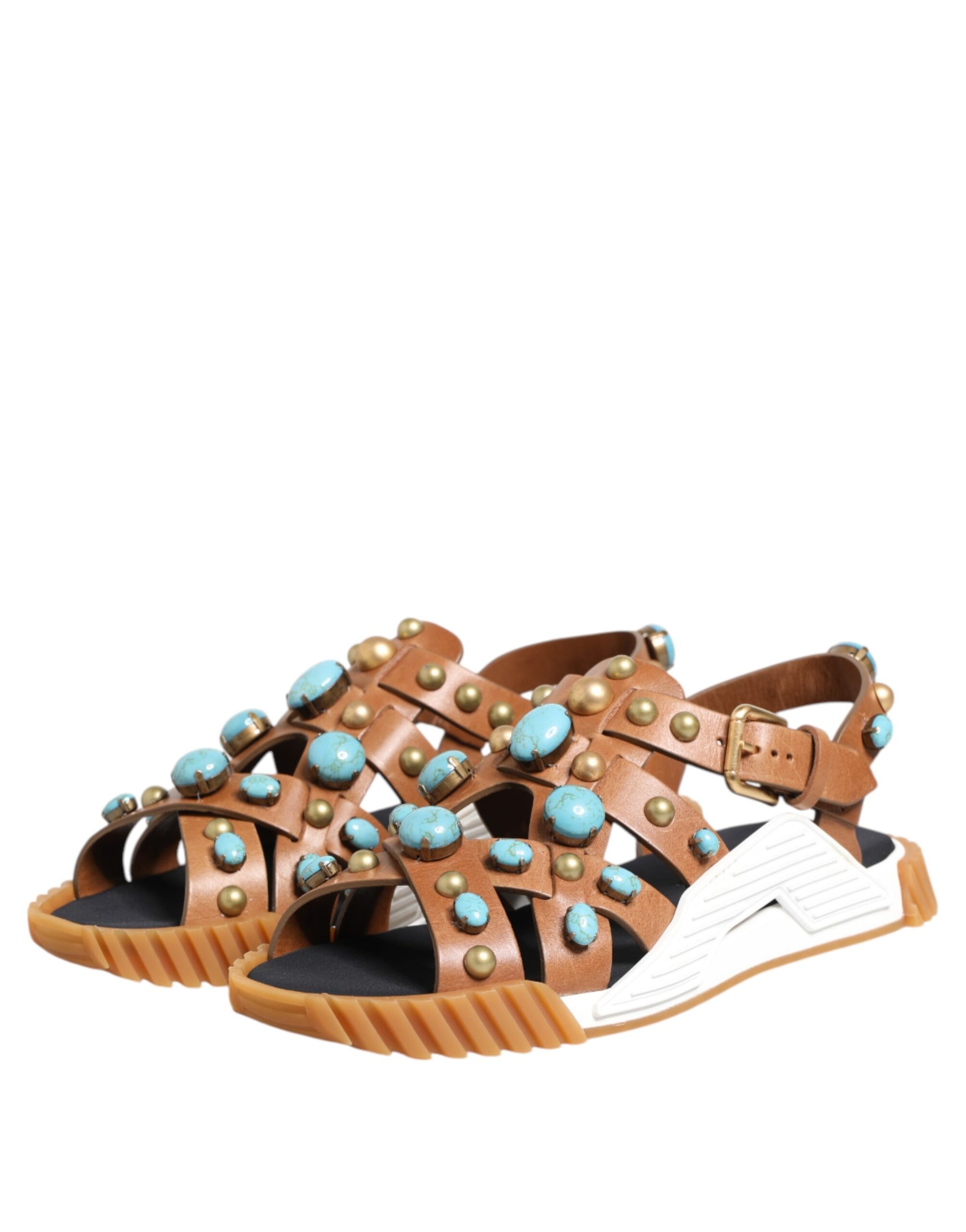 Dolce & Gabbana Brown Leather Studded Slides Sandals Shoes Curated Luxury Accessories by Orvyn