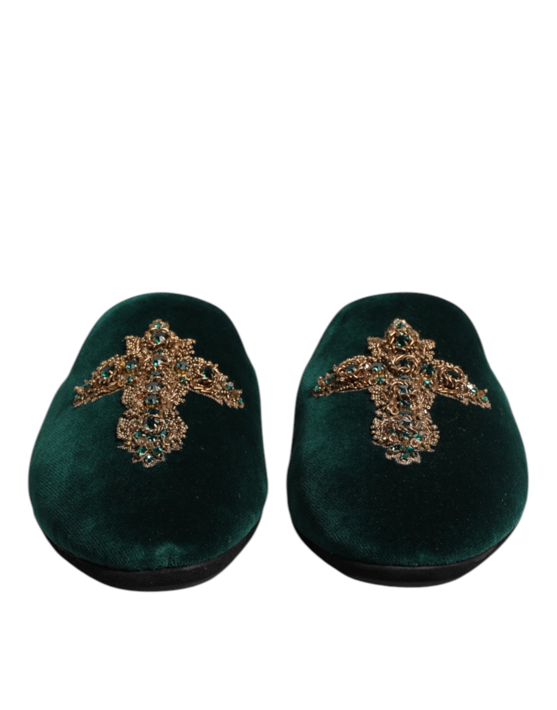 Dolce & Gabbana Green Velvet Cross Embellished Slippers Shoes Curated Luxury Accessories by Orvyn