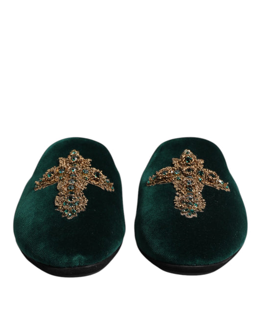 Dolce & Gabbana Green Velvet Cross Embellished Slippers Shoes Curated Luxury Accessories by Orvyn