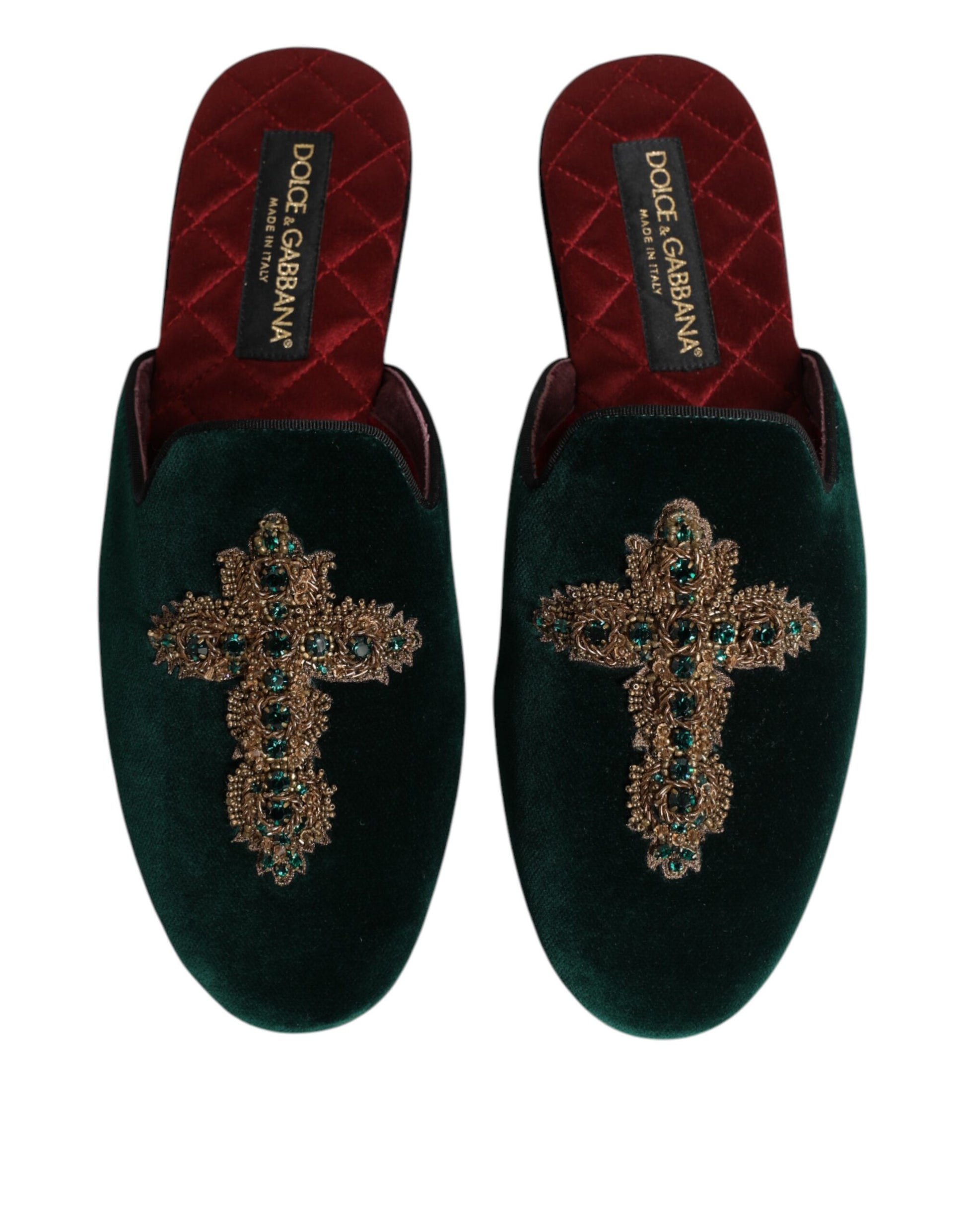 Dolce & Gabbana Green Velvet Cross Embellished Slippers Shoes Curated Luxury Accessories by Orvyn