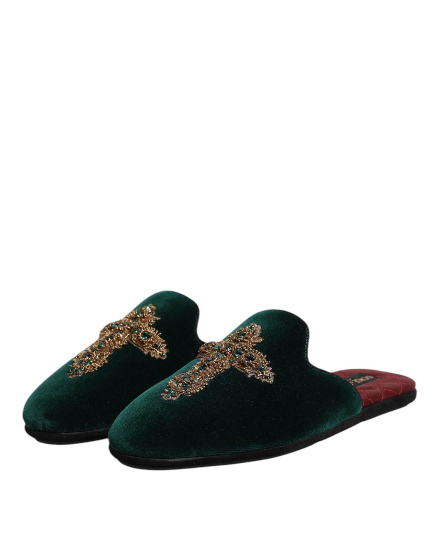 Dolce & Gabbana Green Velvet Cross Embellished Slippers Shoes Curated Luxury Accessories by Orvyn