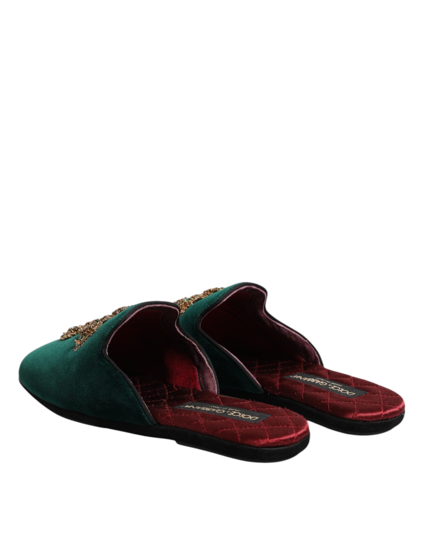 Dolce & Gabbana Green Velvet Cross Embellished Slippers Shoes Curated Luxury Accessories by Orvyn