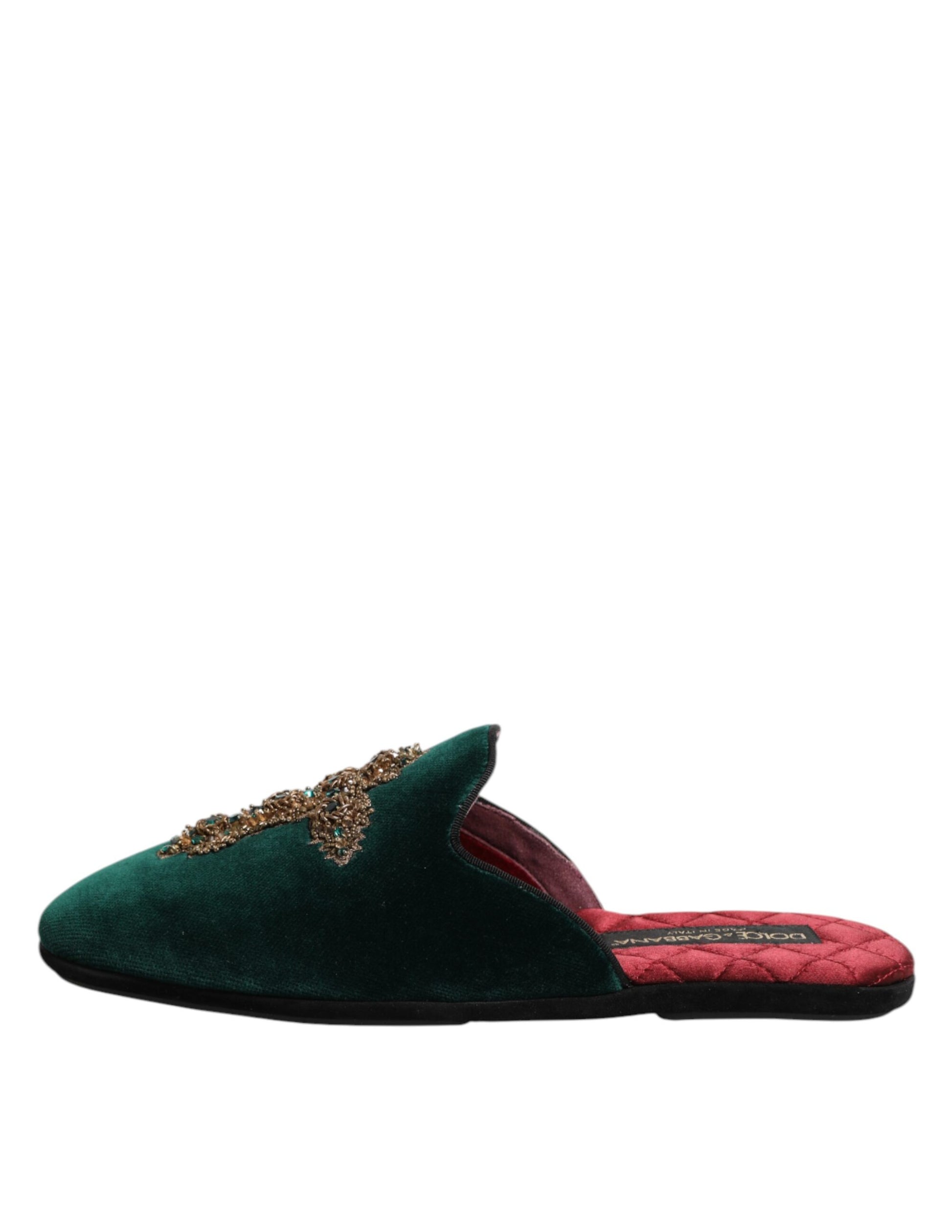 Dolce & Gabbana Green Velvet Cross Embellished Slippers Shoes Curated Luxury Accessories by Orvyn