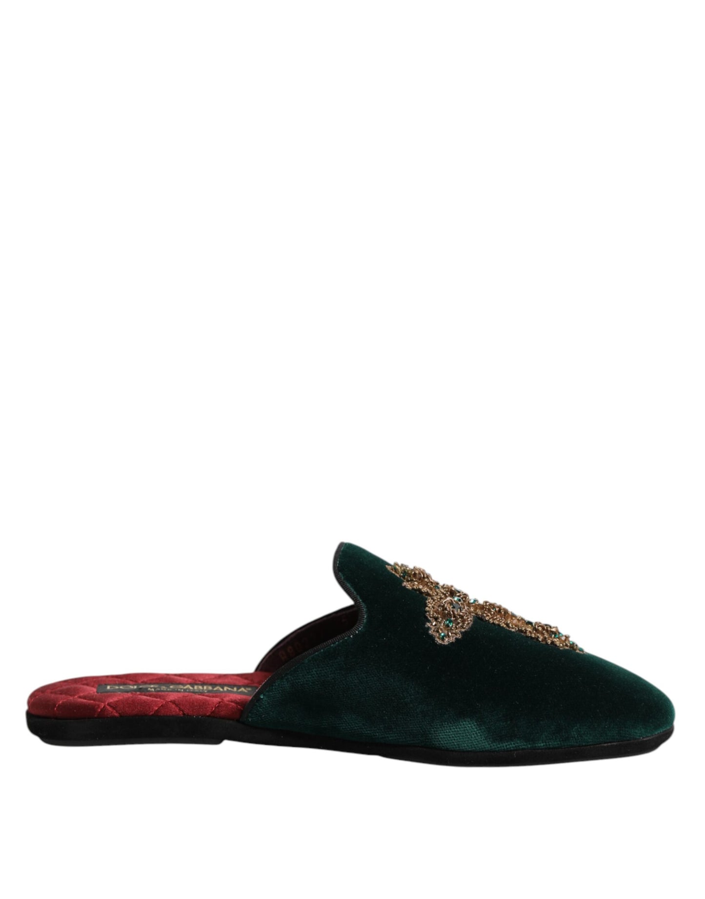Dolce & Gabbana Green Velvet Cross Embellished Slippers Shoes Curated Luxury Accessories by Orvyn