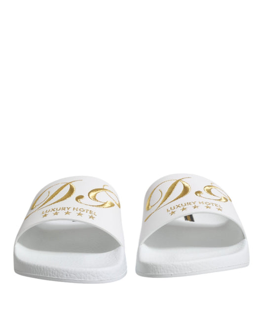 Dolce & Gabbana White Leather Slides Sandals Beachwear Shoes Curated Luxury Accessories by Orvyn