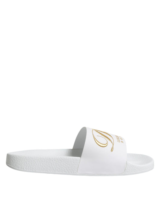 Dolce & Gabbana White Leather Slides Sandals Beachwear Shoes Curated Luxury Accessories by Orvyn