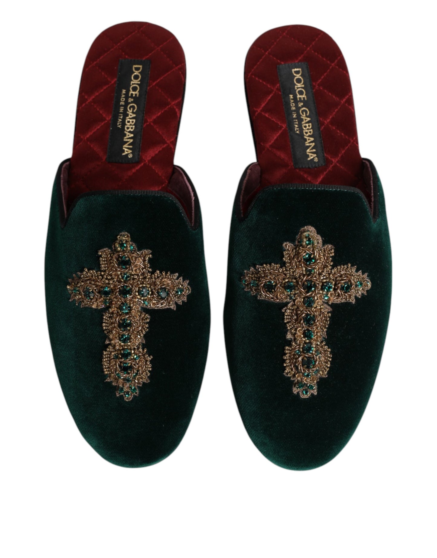 Dolce & Gabbana Green Velvet Cross Embellished Slippers Shoes Curated Luxury Accessories by Orvyn