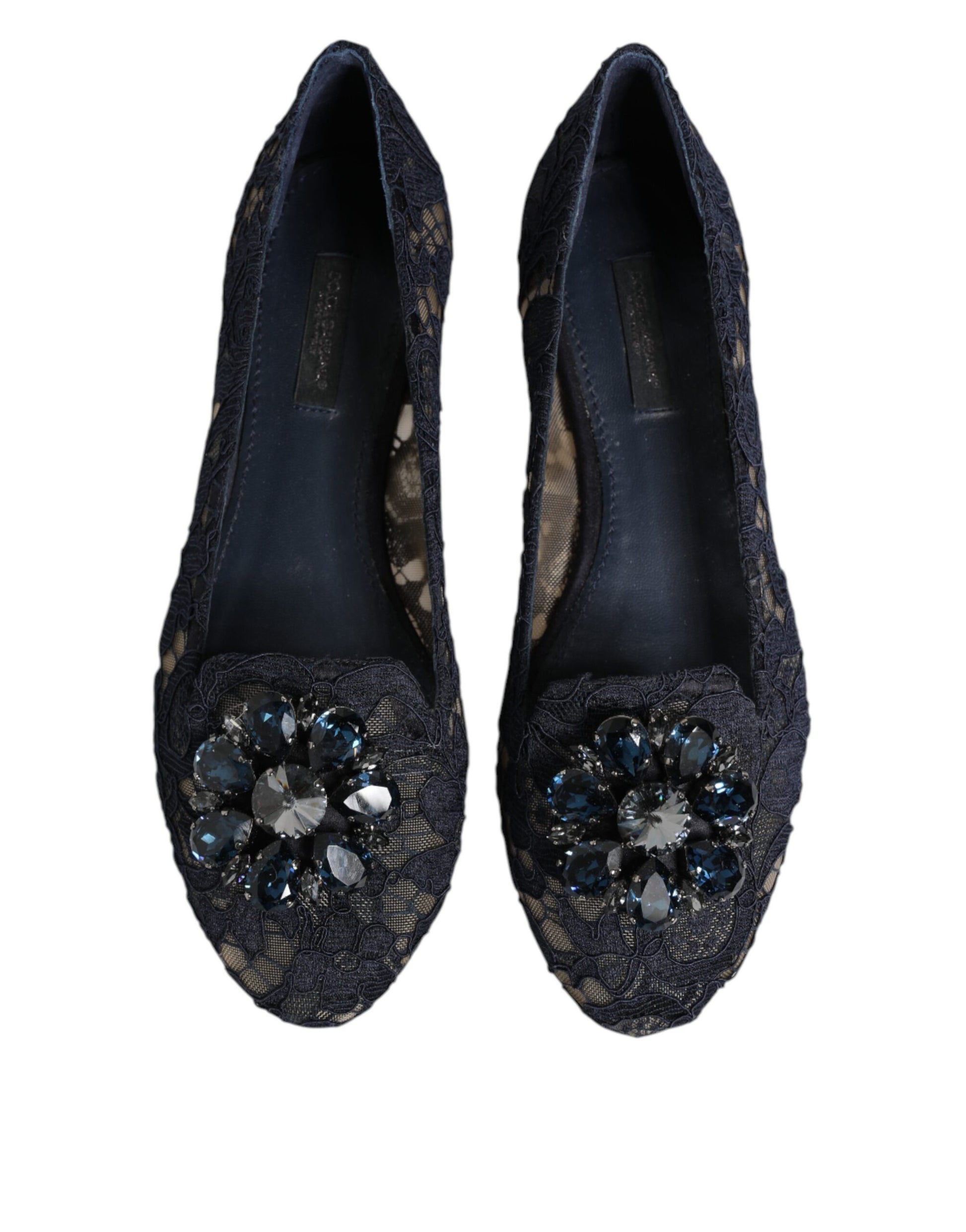 Dolce & Gabbana Blue Taormina Lace Crystals Flats Shoes Curated Luxury Accessories by Orvyn