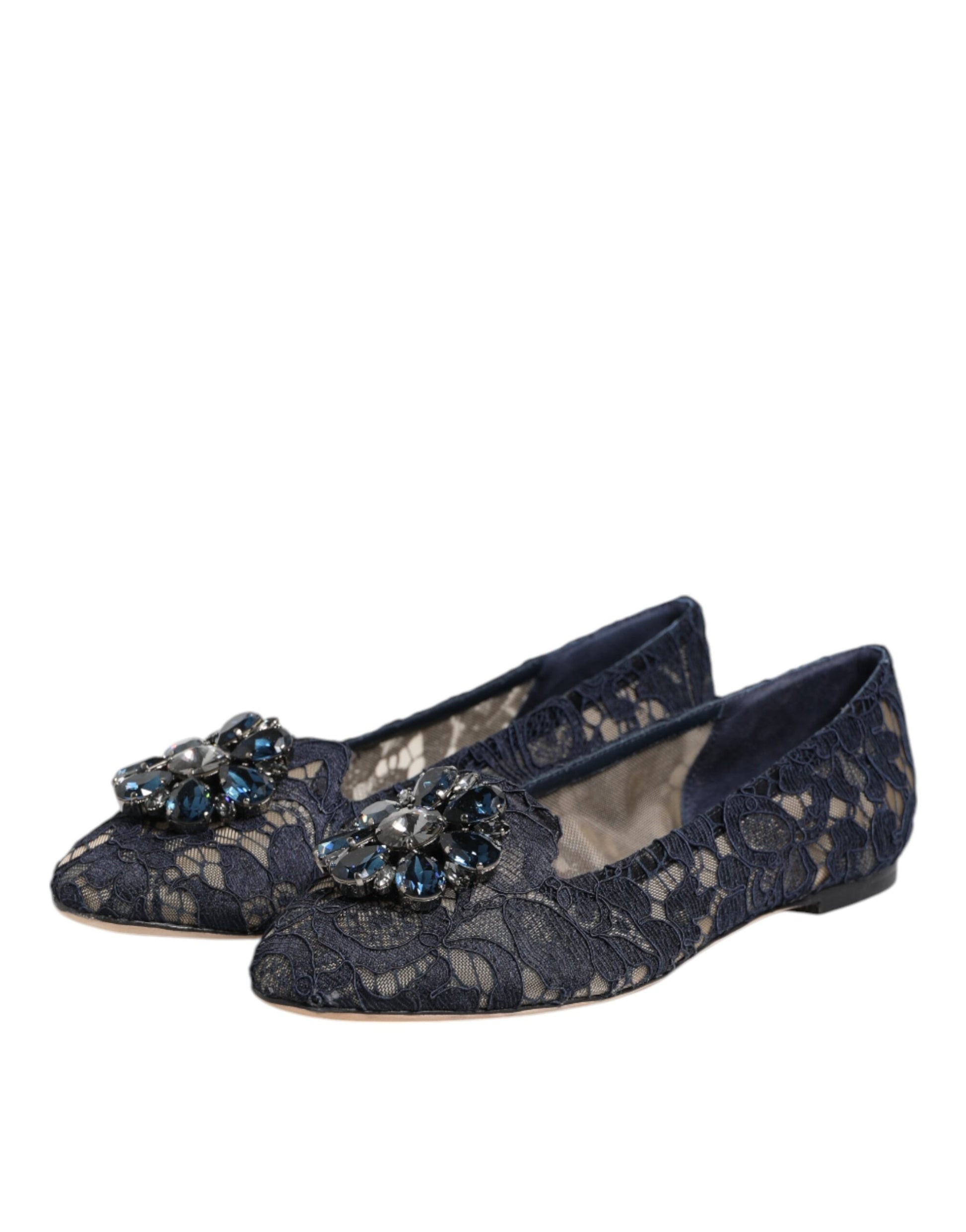 Dolce & Gabbana Blue Taormina Lace Crystals Flats Shoes Curated Luxury Accessories by Orvyn