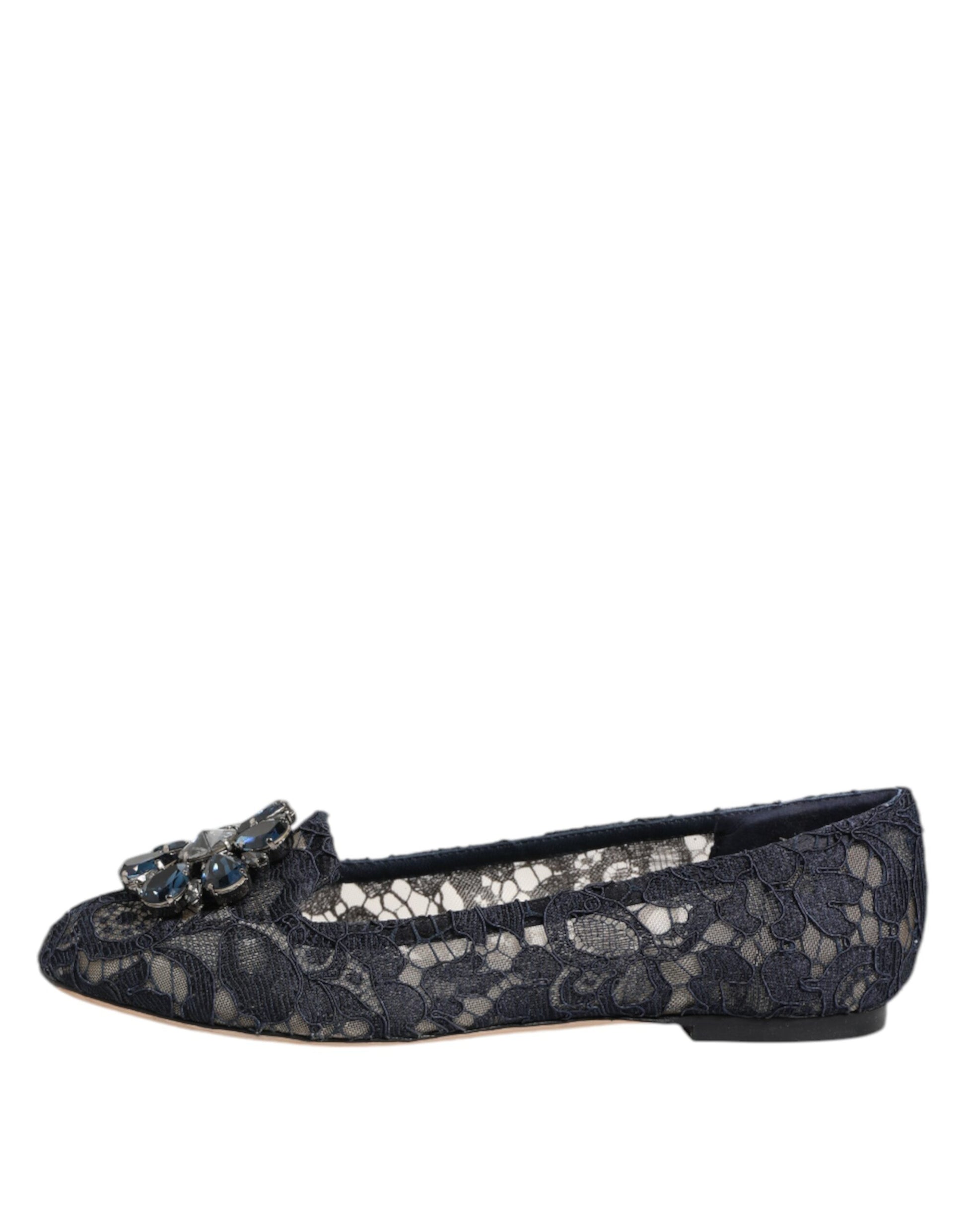 Dolce & Gabbana Blue Taormina Lace Crystals Flats Shoes Curated Luxury Accessories by Orvyn