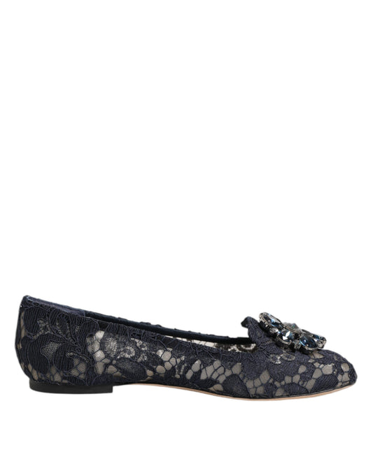 Dolce & Gabbana Blue Taormina Lace Crystals Flats Shoes Curated Luxury Accessories by Orvyn