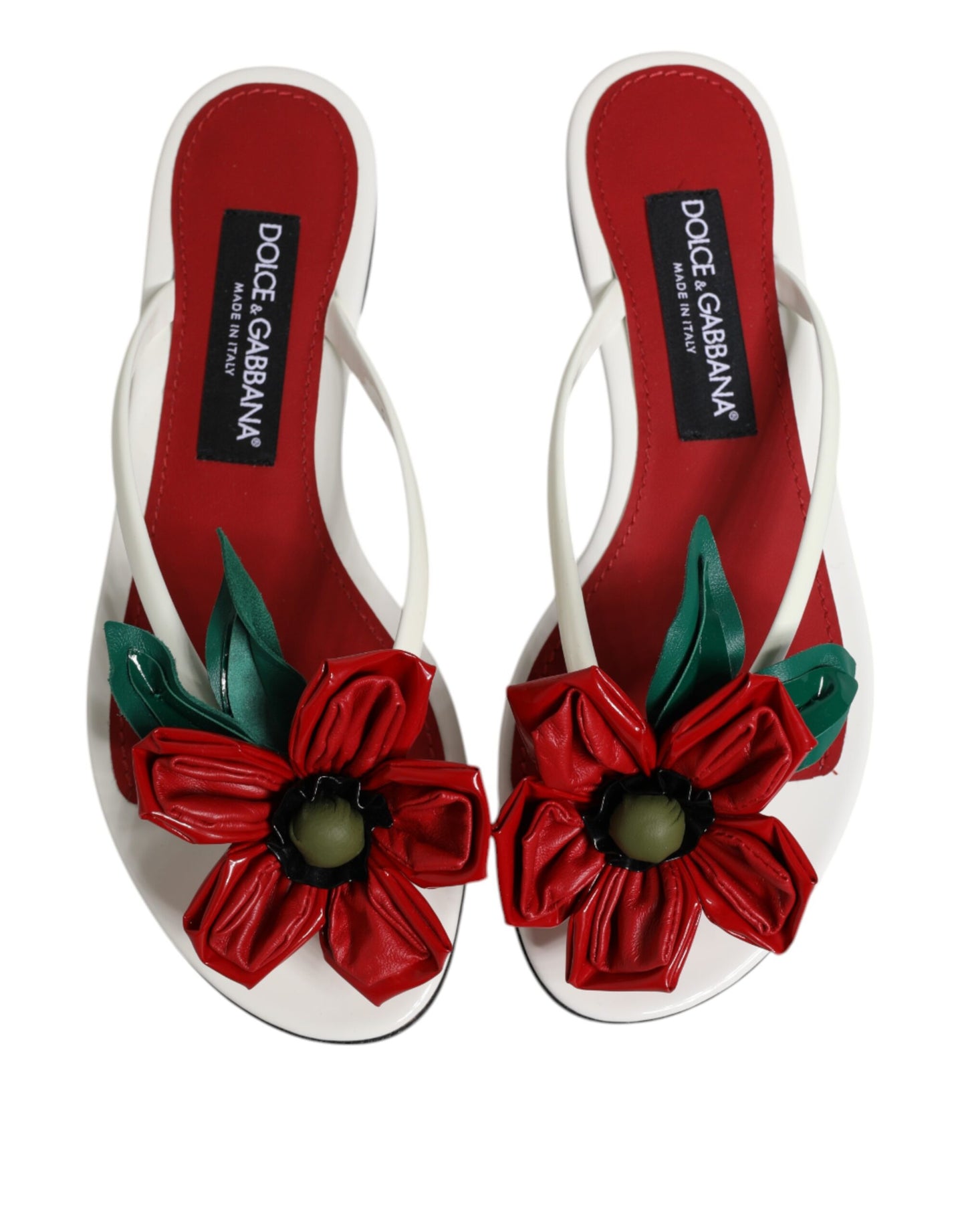Dolce & Gabbana Red White KEIRA Flower Leather Sandals Shoes Curated Luxury Accessories by Orvyn