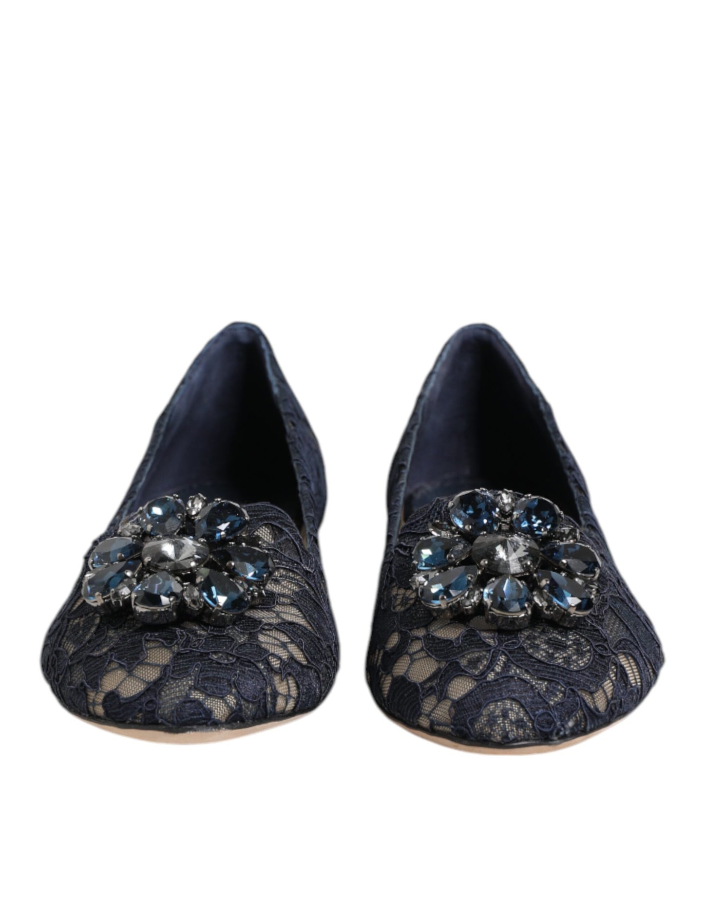 Dolce & Gabbana Blue Taormina Lace Crystals Flats Shoes Curated Luxury Accessories by Orvyn