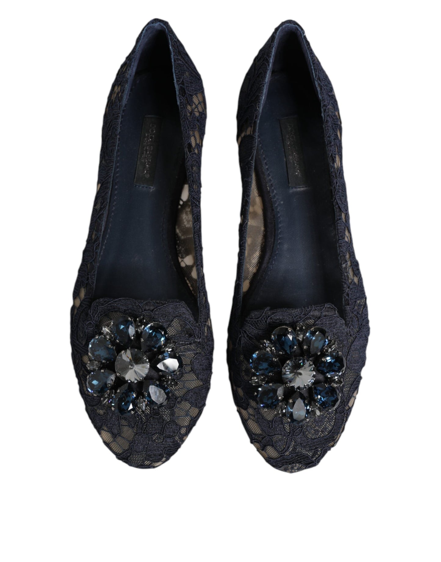 Dolce & Gabbana Blue Taormina Lace Crystals Flats Shoes Curated Luxury Accessories by Orvyn