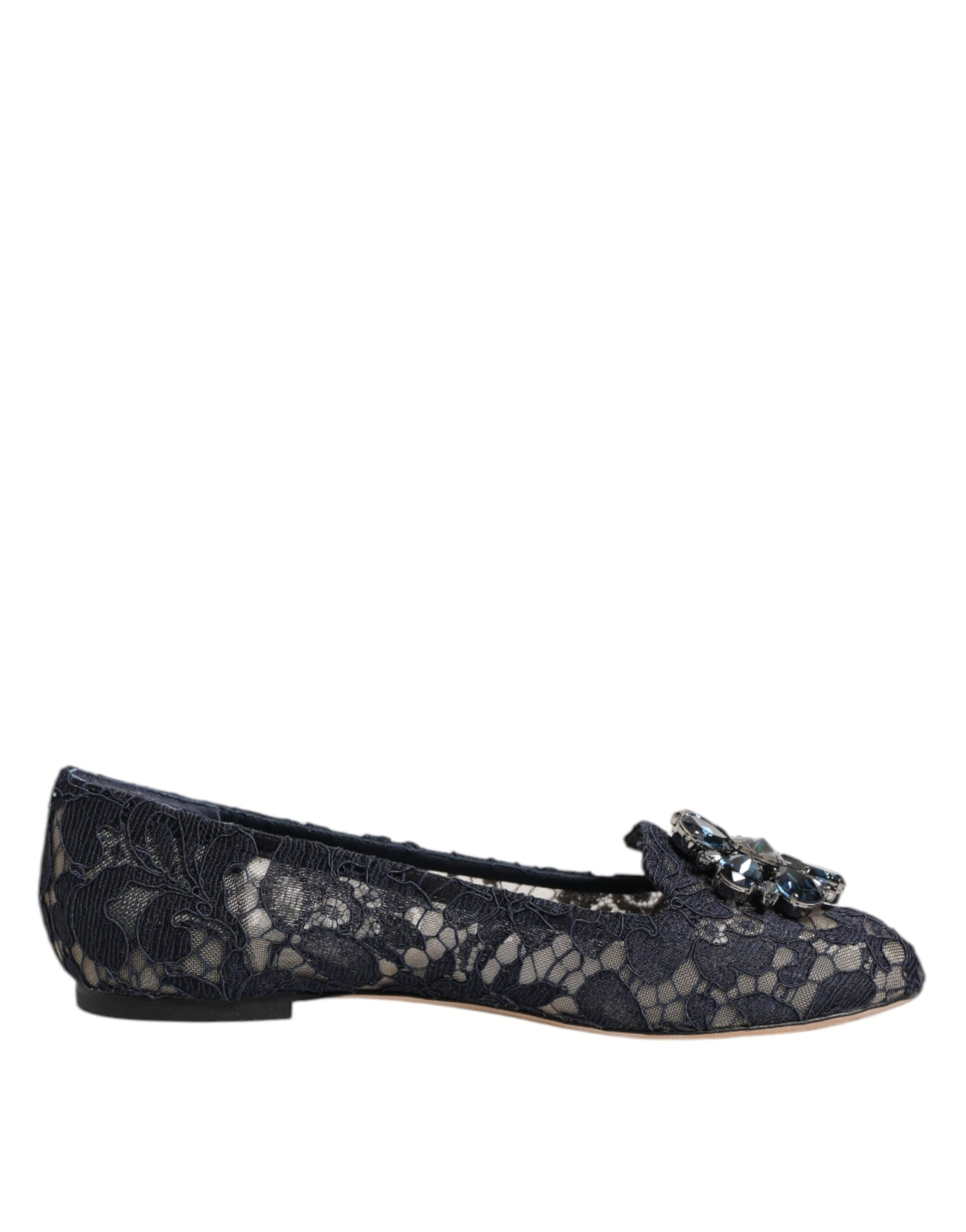 Dolce & Gabbana Blue Taormina Lace Crystals Flats Shoes Curated Luxury Accessories by Orvyn
