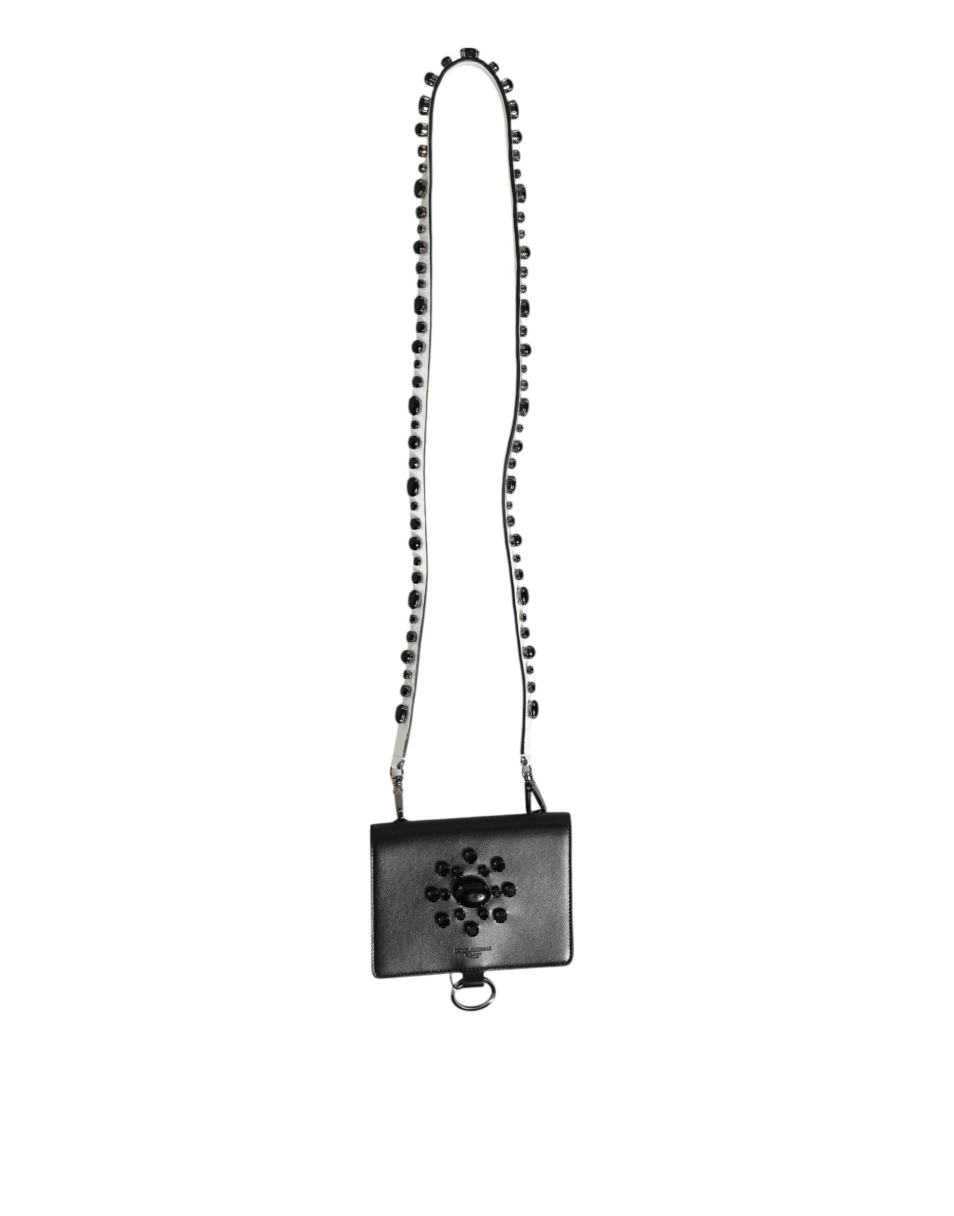 Dolce & Gabbana Black Leather Crystal Embellished Card Holder Wallet Curated Luxury Accessories by Orvyn