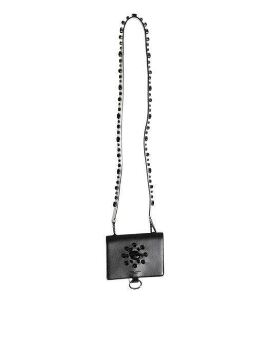 Dolce & Gabbana Black Leather Crystal Embellished Card Holder Wallet Curated Luxury Accessories by Orvyn
