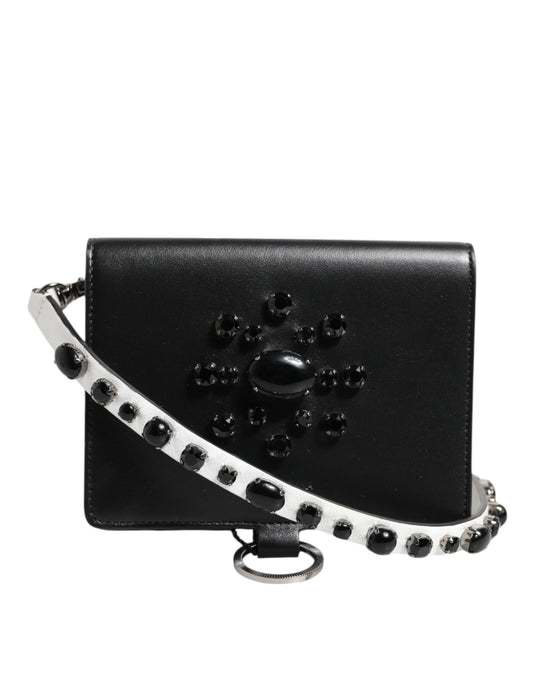 Dolce & Gabbana Black Leather Crystal Embellished Card Holder Wallet Curated Luxury Accessories by Orvyn
