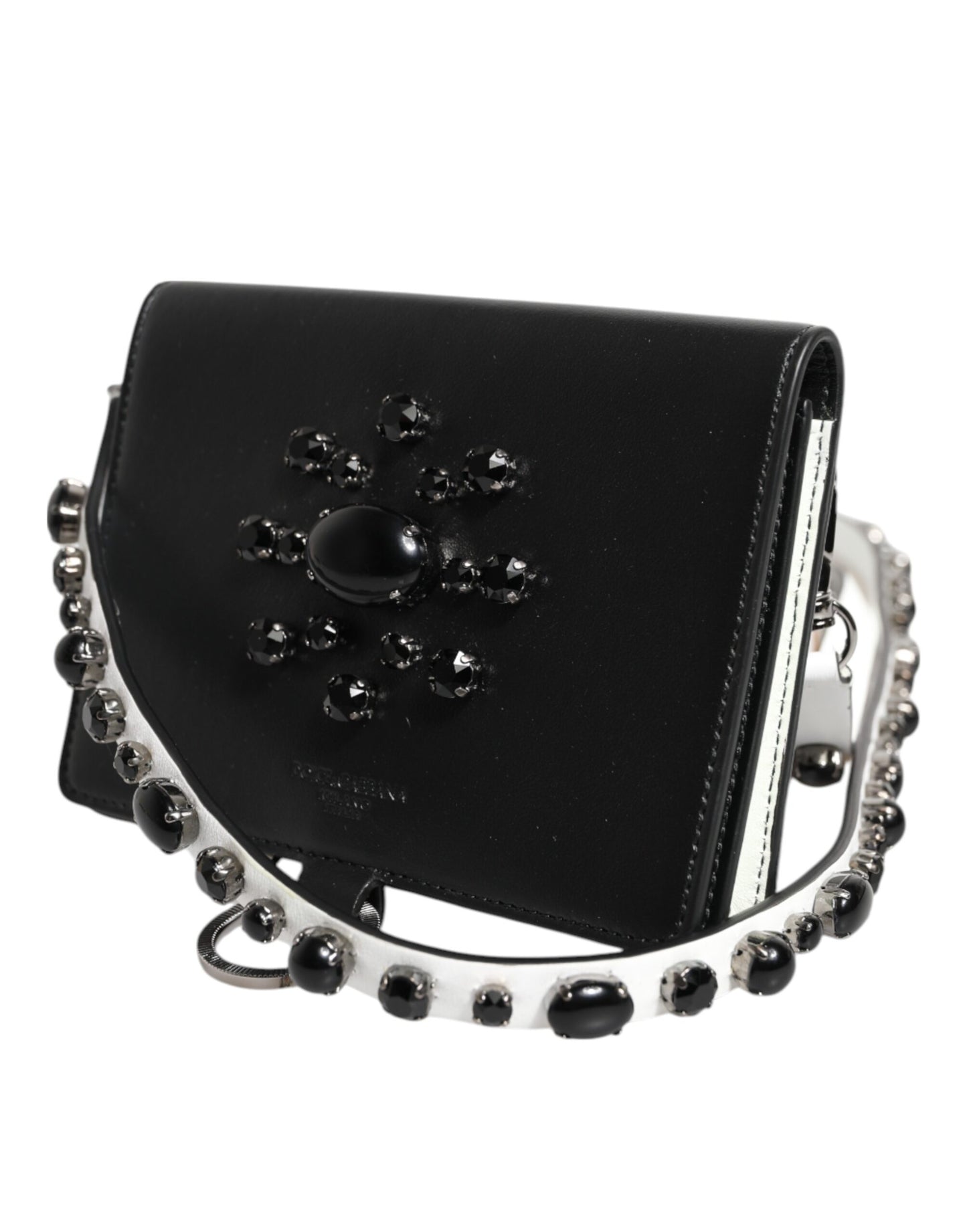 Dolce & Gabbana Black Leather Crystal Embellished Card Holder Wallet Curated Luxury Accessories by Orvyn